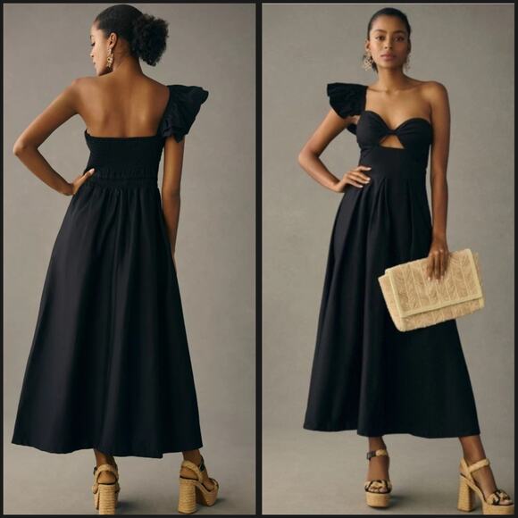 Eva Franco Dresses & Skirts - Eva Franco One-Shoulder Pleated Black Size 8 Cotton Midi Dress